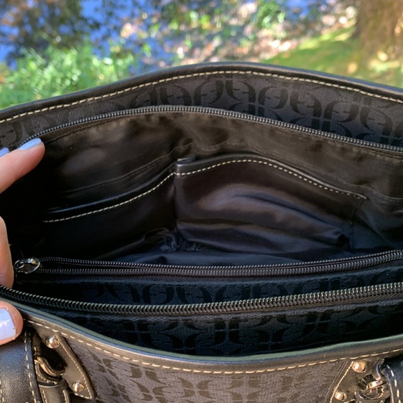 Vintage Fossil Shoulder bag large black leather canvas silver hardware Y2K - Picture 14 of 15